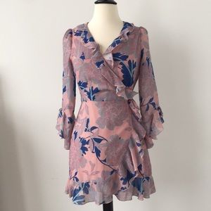 CLEARANCE! pink/blue long 3/4 sleeve wrap dress xs